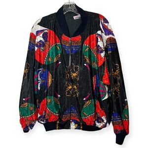Vintage Kocal 80s Baroque Bomber Jacket Ornate Hot Air Balloon Print Windbreaker